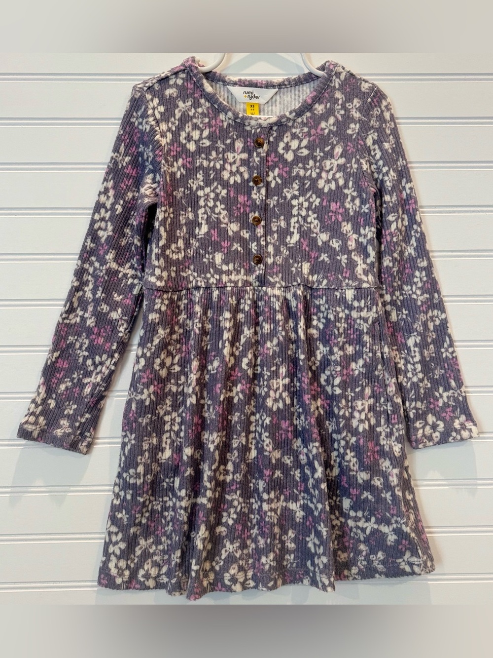 Rumi + Ryder Girls Floral Ribbed SOFT Knit Dress Purple Gray Size XS 4-5